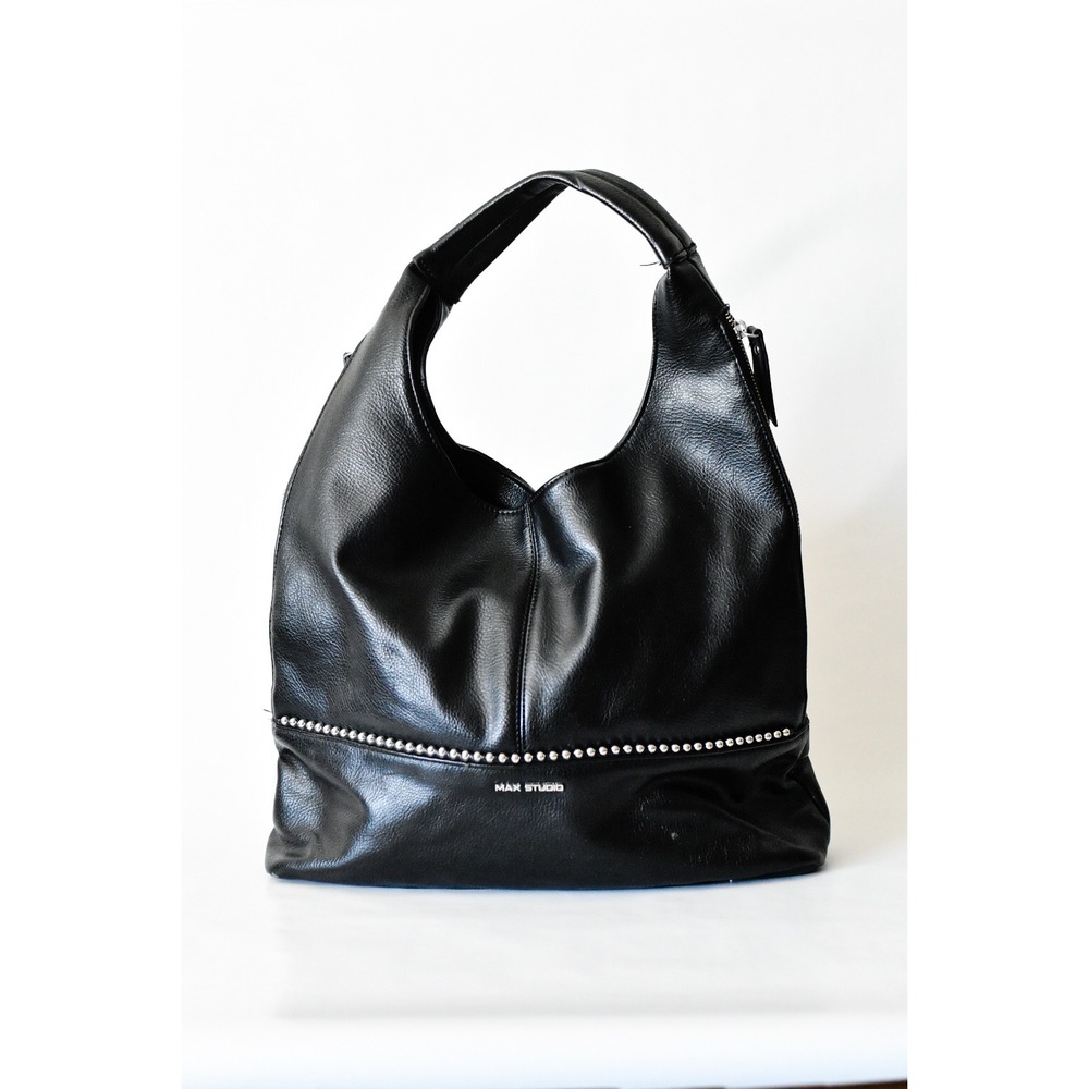 Max Studio Black Pebbled Faux Leather Studded Hobo‎ Shoulder Bag Large